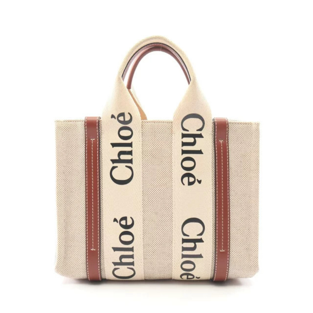 Chloe Woody Handbag Canvas Leather Beige Cream Brown